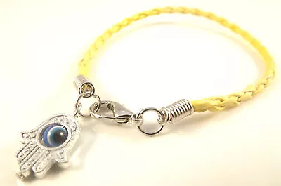 10 X Yellow Silver Charm Leather Hamsa Bracelet Evil Eye Hand Fatima Lot Amulet • £6.95