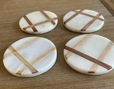 Set Of 4- Pier 1 Imports Round Marble Coasters White And Brown • $16.20