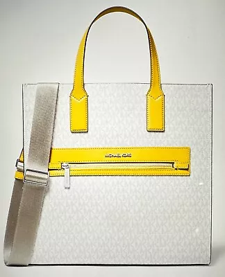 Michael Kors Kenly Large White Yellow MK Signature PVC Leather Tote Shoulder Bag • $114.98