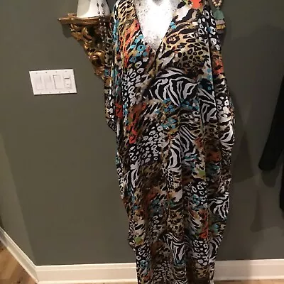 Bobbie Brooks Kaftan Dress One Size Black Silky Animal Print House Dress Muumuu • $13.50