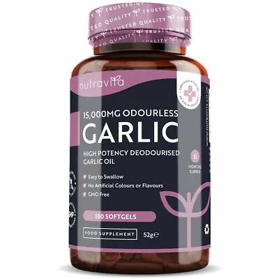 Garlic Capsules Odourless 15000mg - 180 Softgels - Heart Health Immune Support • £15.99
