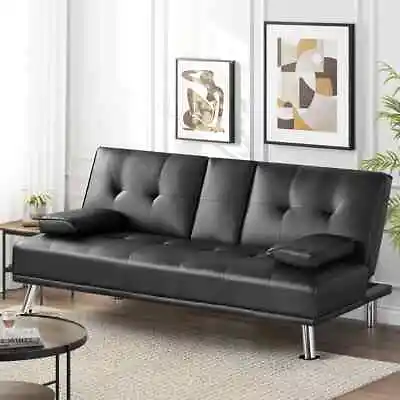 LuxuryGoods Modern Faux Leather Futon With Cupholders And Pillows Black • $152.99