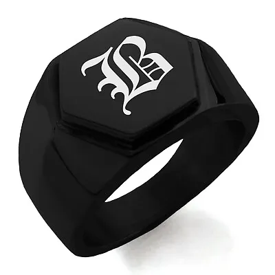 Stainless Steel Old English Monogram Letter B Mens Hexagon Crest Signet Ring • $15