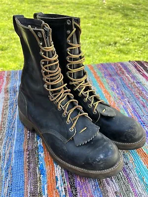 Vintage Hoffman Shoes Kellogg Idaho Boots Lineman/Logger Black Leather Size 14 D • $179