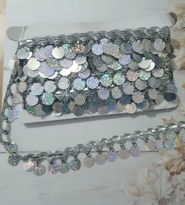 £2.75 • Buy 35mm Metallic Silver COIN SEQUIN BRAID Embroidered Ribbon Applique BELLYDANCE