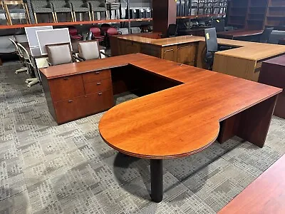 6'x9' U Shape Desk In Cherry Wood Finish By National W/ Conferencing - Left Hand • $775