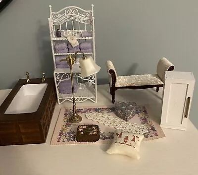 Dollhouse Miniature 1:12 Dollhouse Lot Bench Bathroom Bath Tub Lamp Pillow • $19.99