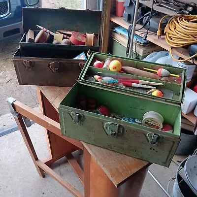 VINTAGE 2 RUSTIC OLD METAL TACKLE BOXes W TRAY 1 Key Some Tackle Lot Of Both • $42
