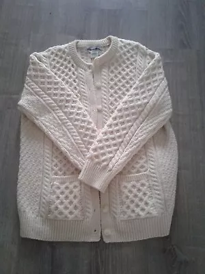 Aran Crafts Cable Knit Cream Cardigan Ireland  Fisherman Sweater  XL Merino Wool • $55