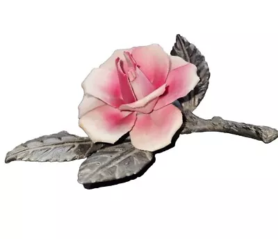 VTG Ceramic Rose Figurine Metal Leaves Figure Pinks White Bronze Tone  • $18.99