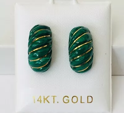 Natural Green  Malachite  Solid 14K Yellow Gold Dome Earrings NEW • $49.95