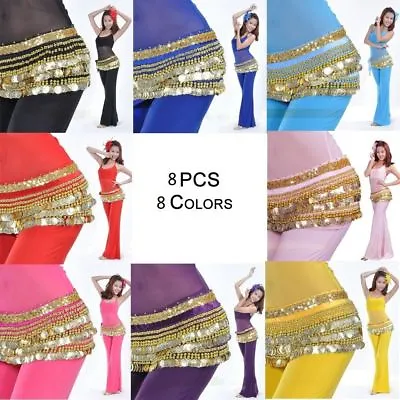 Belly Dancing Costumes Hip Scarf Skirt Wrap Velvet Belt With Gold Coins 8 Colors • £11.98