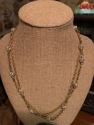 Vintage Signed Miriam Haskell Gold Tone Necklace With Rhinestone Globes 40” • $250