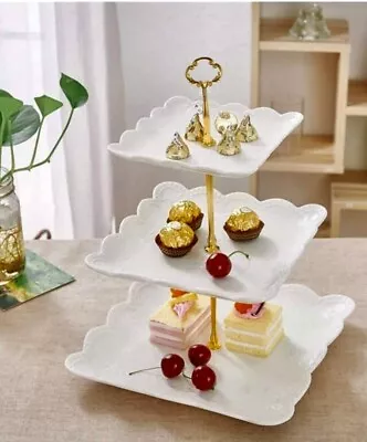 Sumerflos 3-tier Cupcake Stand Square White Gold Accents • $16.50