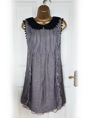 MANOUSH 100% Silk Quirky Striped Shift Dress With Pompom Detail Size 12 - VGC • £40