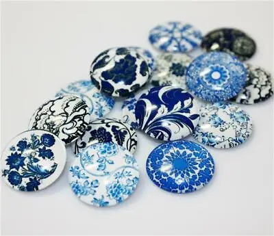 10 BLUE & WHITE CLEAR GLASS DOMED CABOCHONS ROUND PRINTED 20mm CAB2 • £3.19