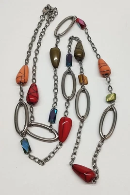 $12 • Buy 36  Necklace Green Red Orange Beads Chain Autumn Fall Wardrobe Vintage Jewelry