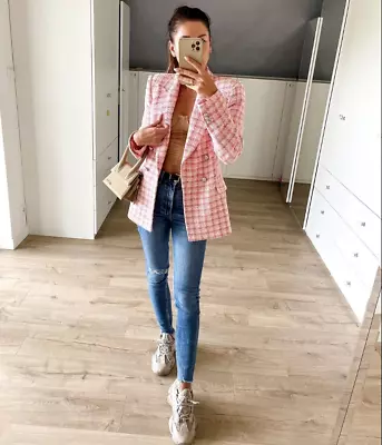 $79.99 • Buy Zara New Woman Double Breasted Textured Weave Jacket Check Pink  7553/147 S M