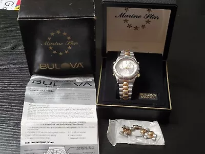 Vtg Bulova Marine Star Chronograph Alarm Watch Midsize Original Box Links Runs • $215