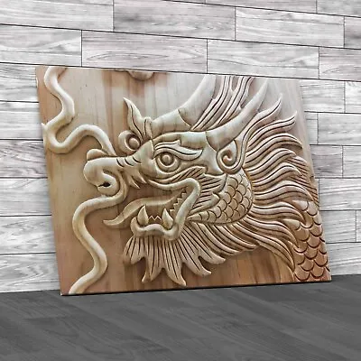Exquisite Wooden Dragon Carving Detailed Canvas Print Large Picture Wall Art • £18.95