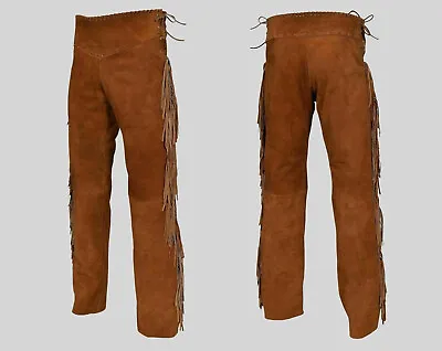 Men's Western Cowboy Brown Leather Suede Native American Buckskin Fringed Pants • $119.99