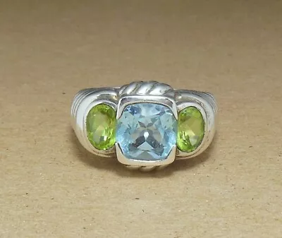 RETIRED Judith Ripka Faceted Peridot Green & Blue Topaz Sterling Ring SZ 10.5 • $59.99