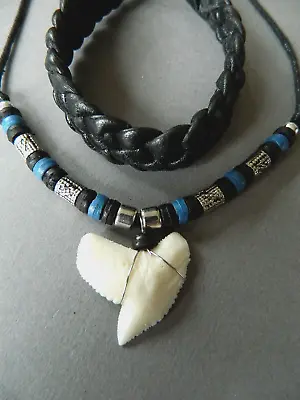 Mens Blue Necklace Shark Tooth Replica Pendant Boys Tiger Wolf +Leather Bracelet • £9.99