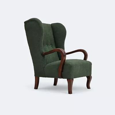 1950s Danish Design Restored High-back Wingback Chair Bottle Green Beech. • $1650
