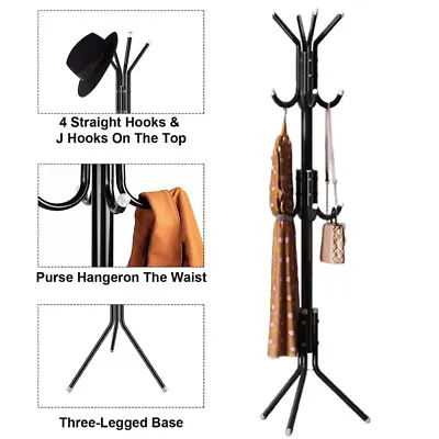 Coat Rack Standing Metal Hat Hanger 12 Hook For Jacket Umbrella Tree Stand Black • £10.49