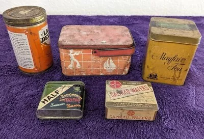 LOT OF 5 VINTAGE AND ANTIQUE TINS: Lacto-dextrin Mayfair Tea Tobacco... • $9