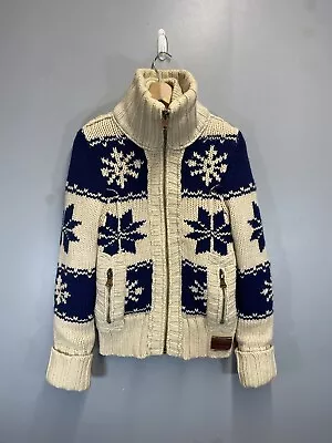 Superdry Unisex Full Zip Fleece Wool Knit Chunky Cardigan M/L Cream Blue Navajo • £44.99