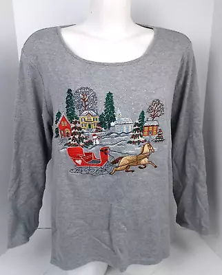 Quacker Factory Christmas Sparkle Top Shirt Womens 1X Embellished Holiday Sleigh • $25