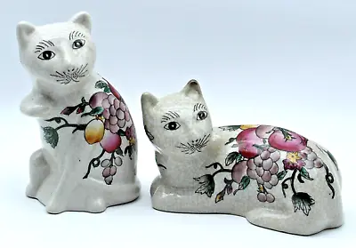 Vintage Ceramic Chinoiserie Cat Figurines Maneki Neko Lucky Fruit Set Of 2 • $24.99