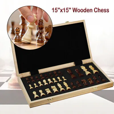 15*15in Standard Game Vintage Wooden Chess Set Foldable Board Great Gift W/Case • $28.99