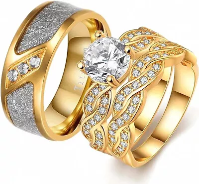 Wedding Matching Ring&Band For Couple 14K Yellow Gold Over 3Ct Simulated Diamond • $152.36