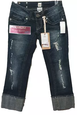 H2J Distressed Capri Jeans Embellished Cuffed Ankle Stretch Juniors Size 0 NWTs • $17.45