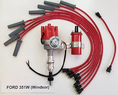 FORD 351W SMALL FEMALE CAP HEI DISTRIBUTOR + COIL + 8.5mm RED SPARK PLUG WIRES • $184.95