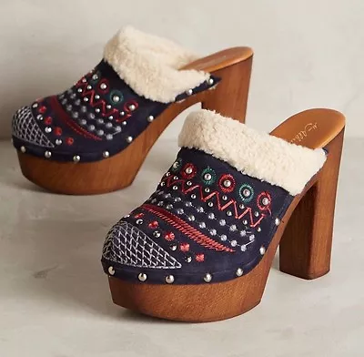 Anthropologie Terrestrial Clogs Miss Albright Shoes Shearling Mules Blue New 40  • $119.99