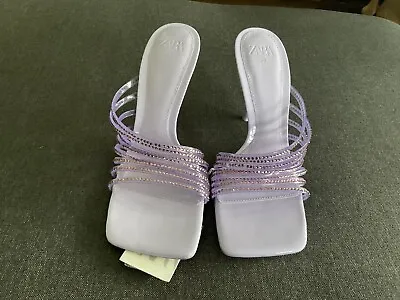 New Zara Rhinestone Vinyl High Heel Purple Sandals NWT 3804/010 Size 8/39 • $52