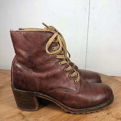 Frye Boots Womens 8.5 M Sabrina 6G Block Heel Brown Leather Lace Up Shoes USA • $89.97