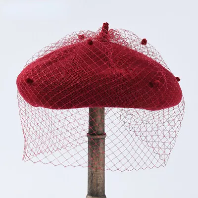 Women Faux Wool Beret With Veil Adjustable Wedding Church Netting Beanie Cap • $19.07