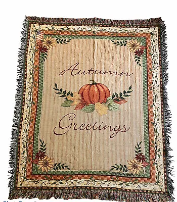 Manual Woodworkers & Weavers Autumn Greetings Tapestry Fringed Throw Blanket NEW • $37