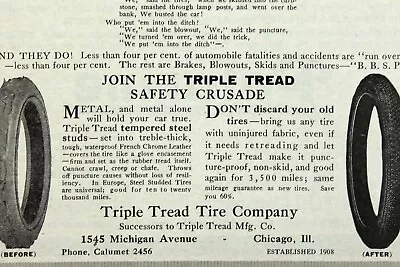 1916 TRIPLE TREAD TIRE CO Auto Advertising Original Vintage Antique Print Ad • $35.69