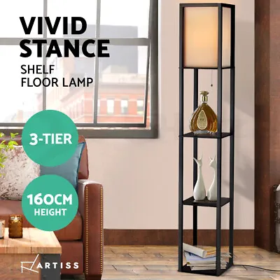 Artiss Floor Lamp Standing LED Light 3 Tier Storage Shelf Vintage Wood Home • $69.95