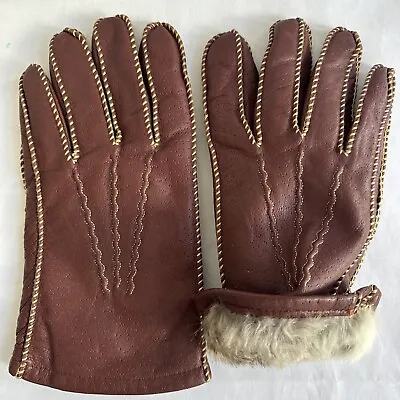 Vintage Rabbit Fur Lined Gloves Men Size Large Brown Leather • $35