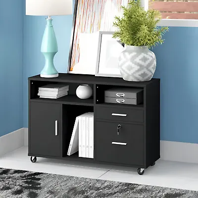 Wood Lateral File Cabinet With 2 Drawer Printer Stand For Home Office Black • $92.82