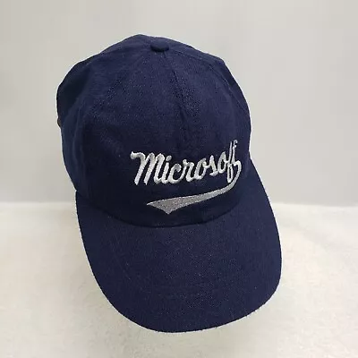 Vintage Rare Microsoft Embroidered Script Wool Leather Strapback Hat Cap OSFA  • $49.97