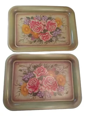Vintage Mid Century Modern Serving Trays Metal Green Roses Floral TV Lap Tray 2 • $19.95
