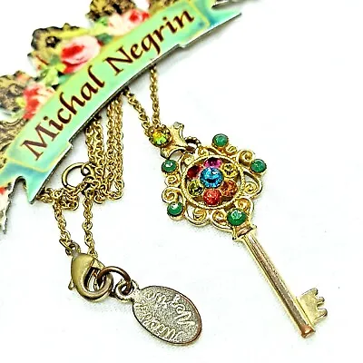 Michal Negrin Necklace Filigree Key Pendant Victorian & Swarovski Crystals Gift • $53.60