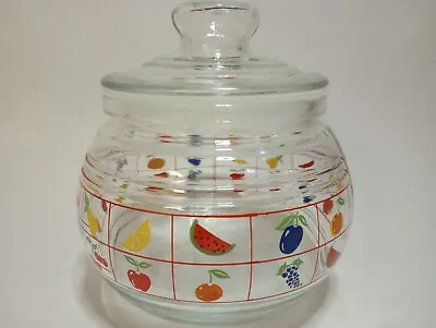 Vtg Indonesia Glass Candy Jar Lid Colorful Fruit Pattern Granny Retro Farmhouse • $15.49